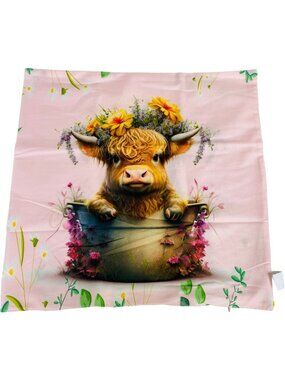 Highland Cow Floral Throw Pillow Cover 18x18 Hidden Zipper Pink Polyester Farmho
